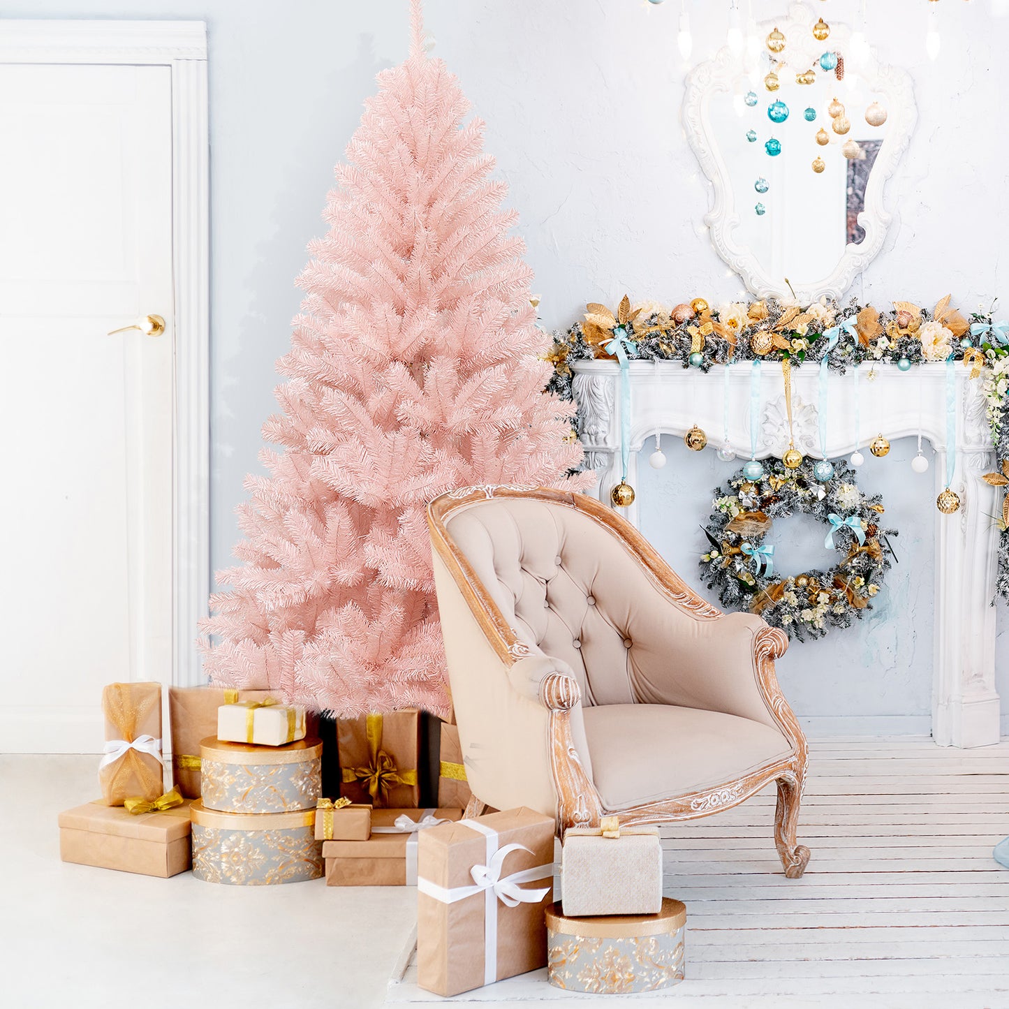6 Feet Artificial Christmas Tree, Hinged Full Fir, Pink Christmas Tree at Gallery Canada