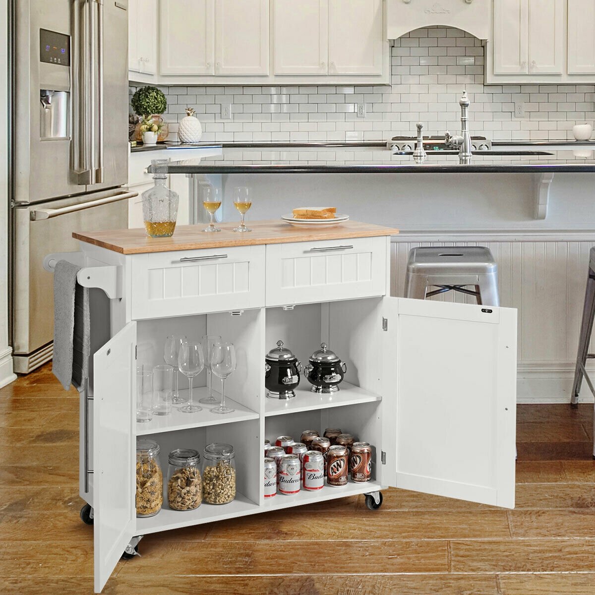 Heavy Duty Rolling Kitchen Cart with Tower Holder and Drawer, White - Gallery Canada