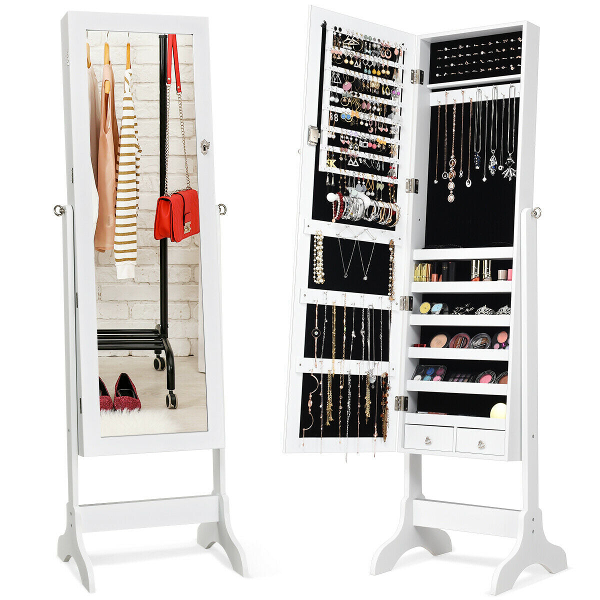 Lockable Mirrored Jewelry Cabinet Armoire Storage Organizer Box, White Jewelry Armoires at Gallery Canada