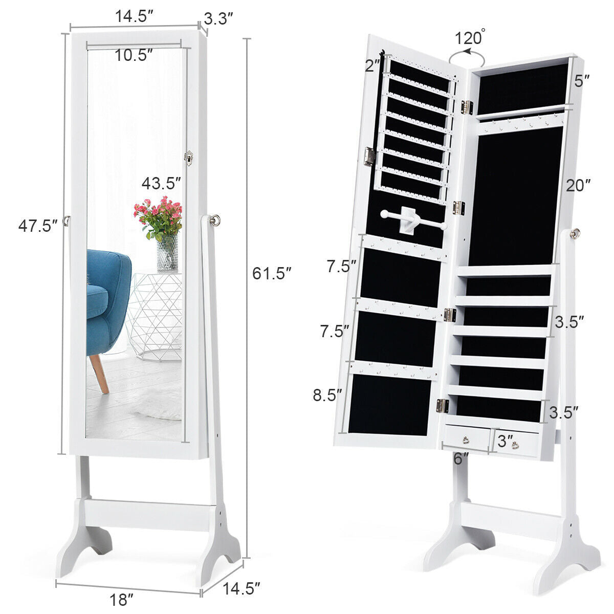 Lockable Mirrored Jewelry Cabinet Armoire Storage Organizer Box, White Jewelry Armoires at Gallery Canada