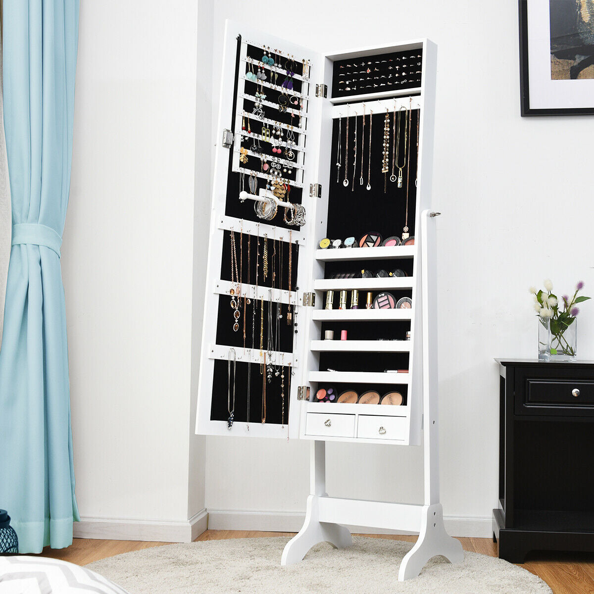 Lockable Mirrored Jewelry Cabinet Armoire Storage Organizer Box, White Jewelry Armoires at Gallery Canada