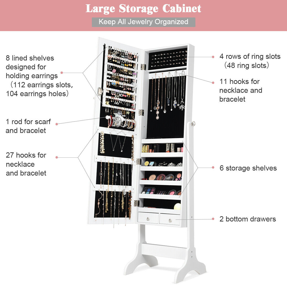 Lockable Mirrored Jewelry Cabinet Armoire Storage Organizer Box, White Jewelry Armoires at Gallery Canada