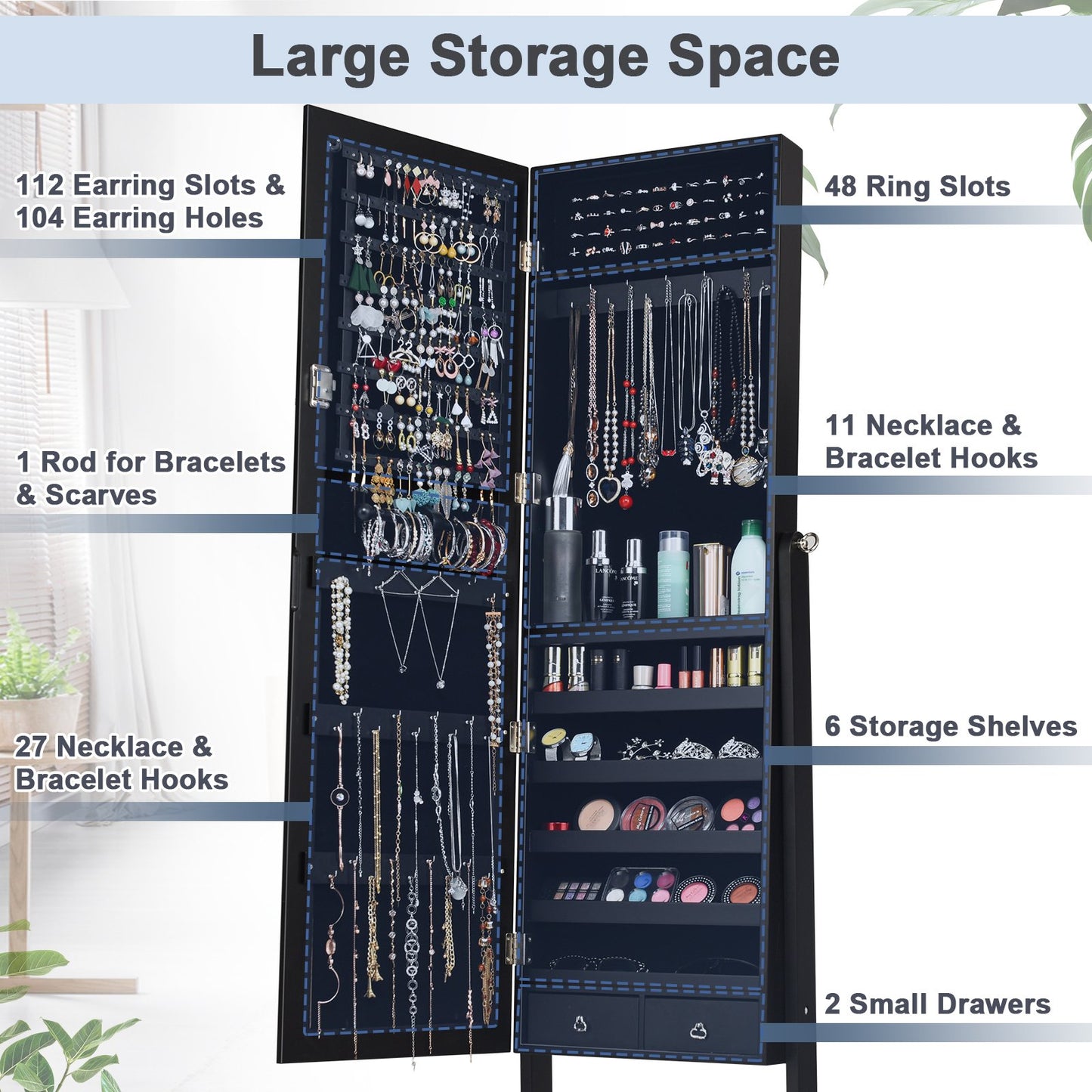 Lockable Mirrored Jewelry Cabinet Armoire Storage Organizer Box, Black - Gallery Canada