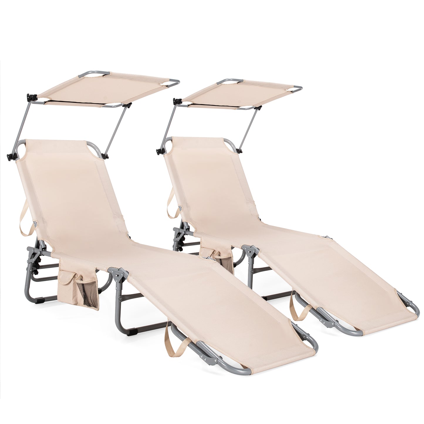 Adjustable Outdoor Beach Patio Pool Recliner with Sun Shade, Beige Outdoor Chaise Lounges Beige at Gallery Canada