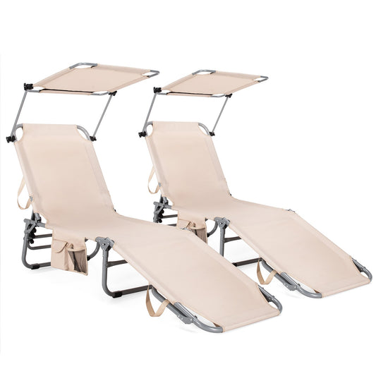 Adjustable Outdoor Beach Patio Pool Recliner with Sun Shade, Beige - Gallery Canada