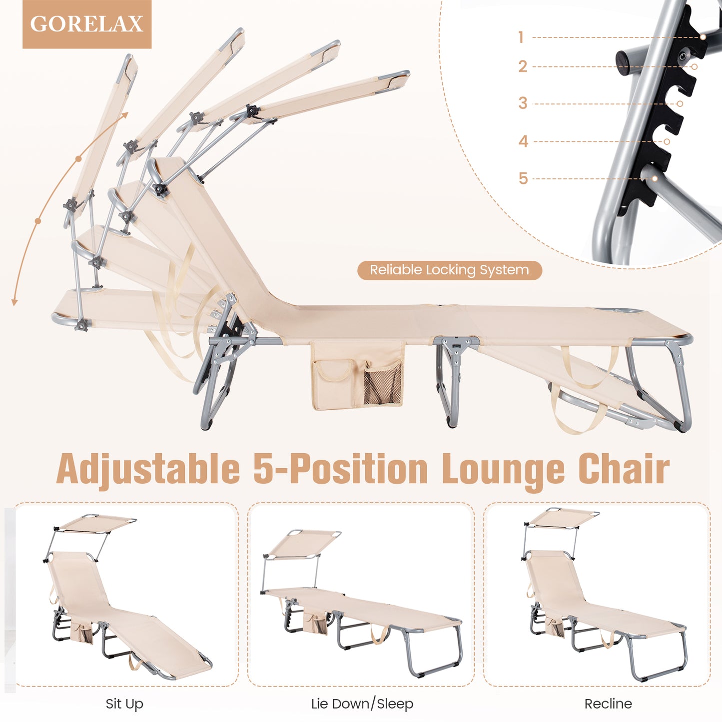 Adjustable Outdoor Beach Patio Pool Recliner with Sun Shade, Beige Outdoor Chaise Lounges at Gallery Canada