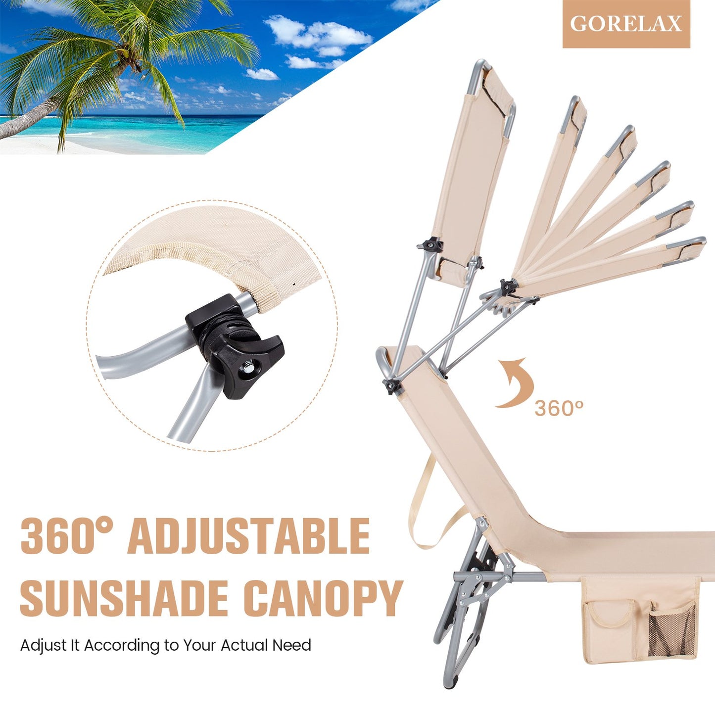 Adjustable Outdoor Beach Patio Pool Recliner with Sun Shade, Beige - Gallery Canada