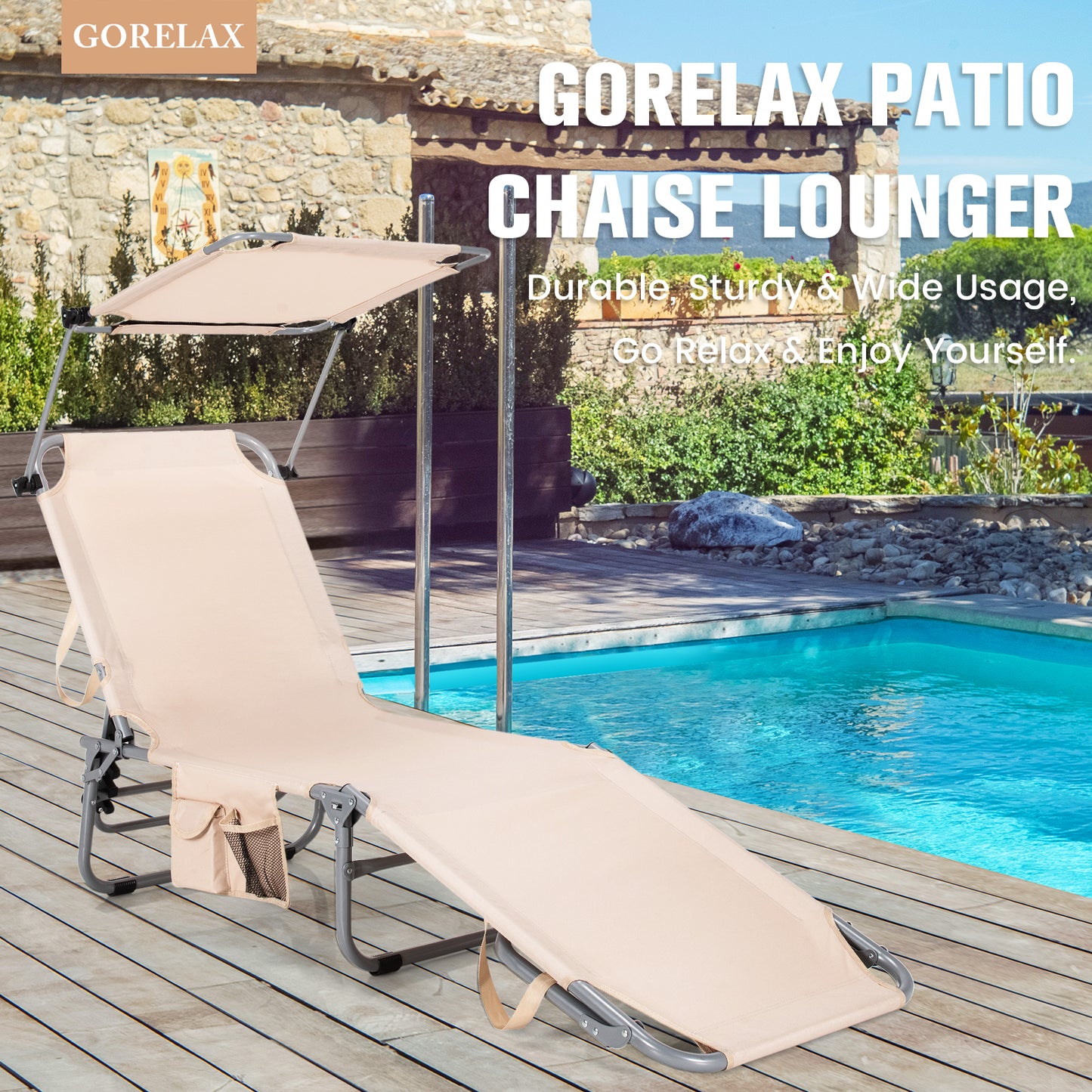 Adjustable Outdoor Beach Patio Pool Recliner with Sun Shade, Beige Outdoor Chaise Lounges at Gallery Canada