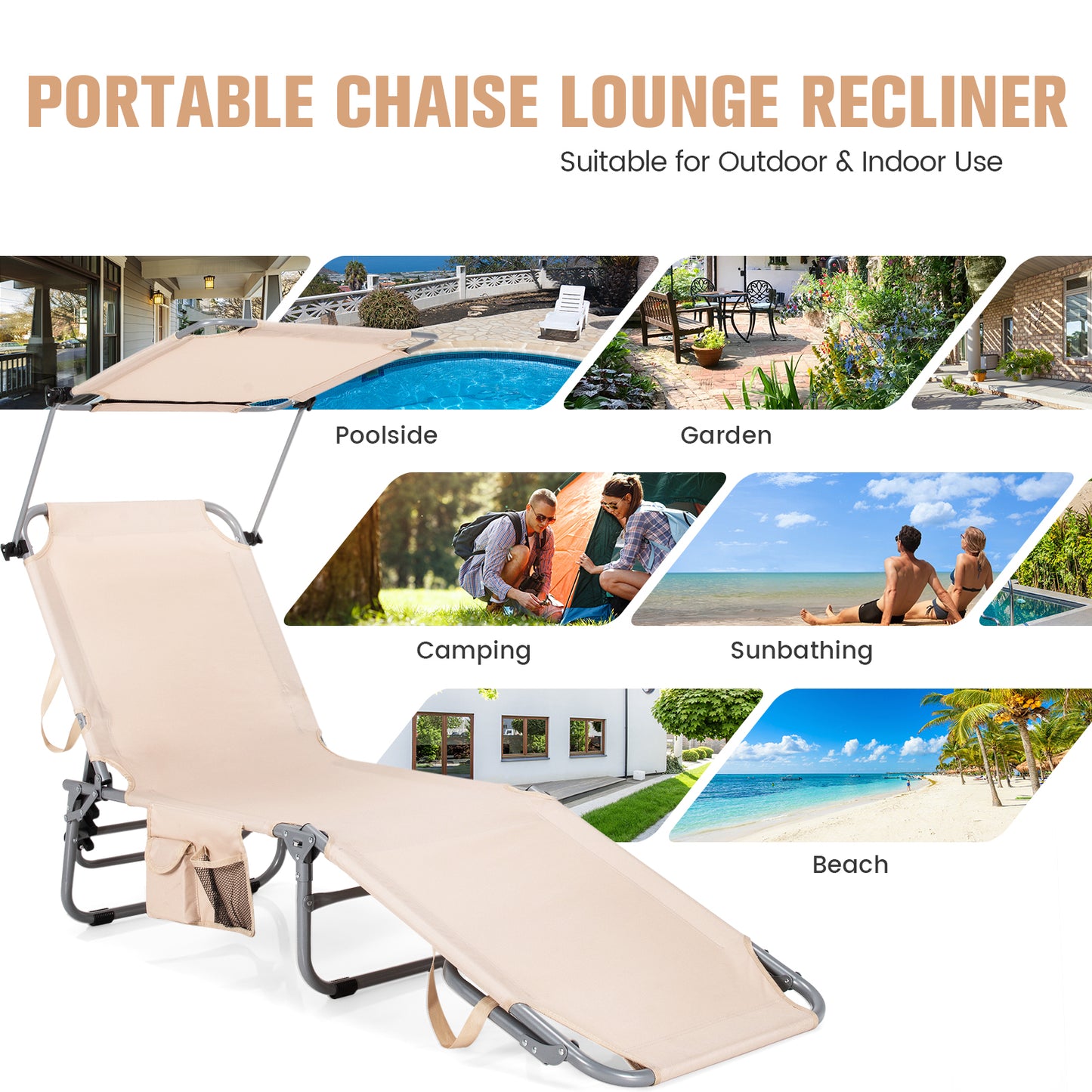 Adjustable Outdoor Beach Patio Pool Recliner with Sun Shade, Beige Outdoor Chaise Lounges at Gallery Canada