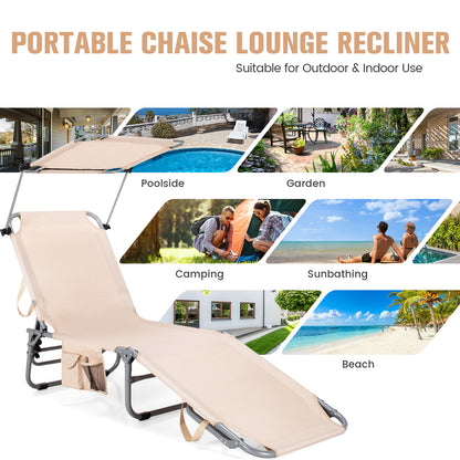 Adjustable Outdoor Beach Patio Pool Recliner with Sun Shade, Beige Outdoor Chaise Lounges at Gallery Canada