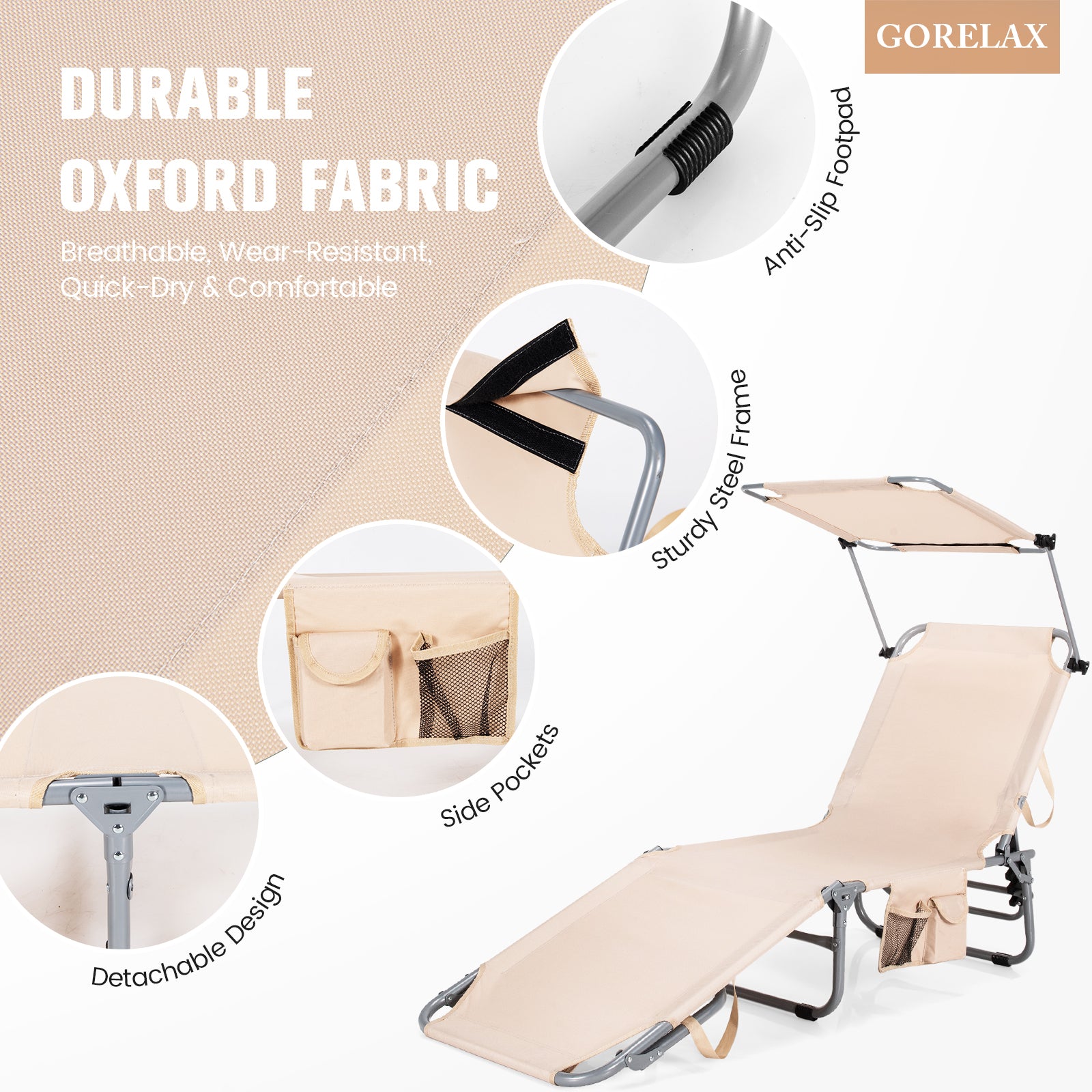 Adjustable Outdoor Beach Patio Pool Recliner with Sun Shade, Beige Outdoor Chaise Lounges at Gallery Canada