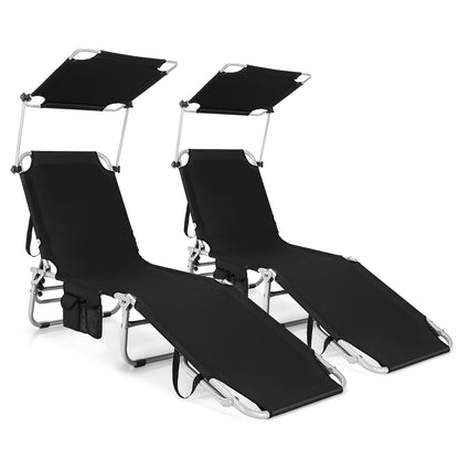 Adjustable Outdoor Beach Patio Pool Recliner with Sun Shade, Black Outdoor Chaise Lounges Black at Gallery Canada