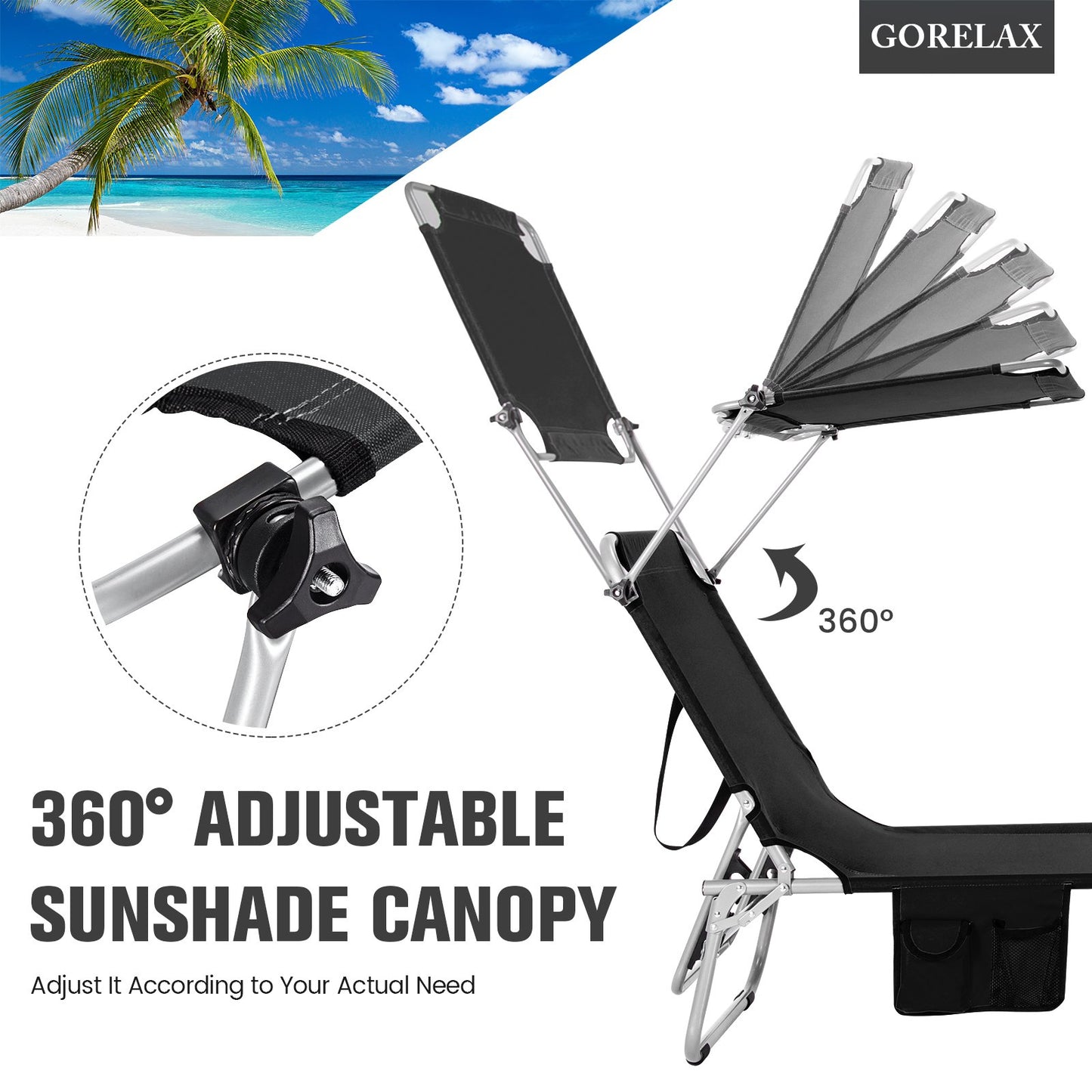 Adjustable Outdoor Beach Patio Pool Recliner with Sun Shade, Black - Gallery Canada