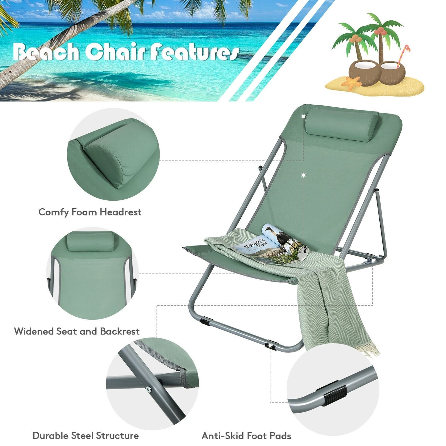 Portable Beach Chair Set of 2 with Headrest , Green - Gallery Canada