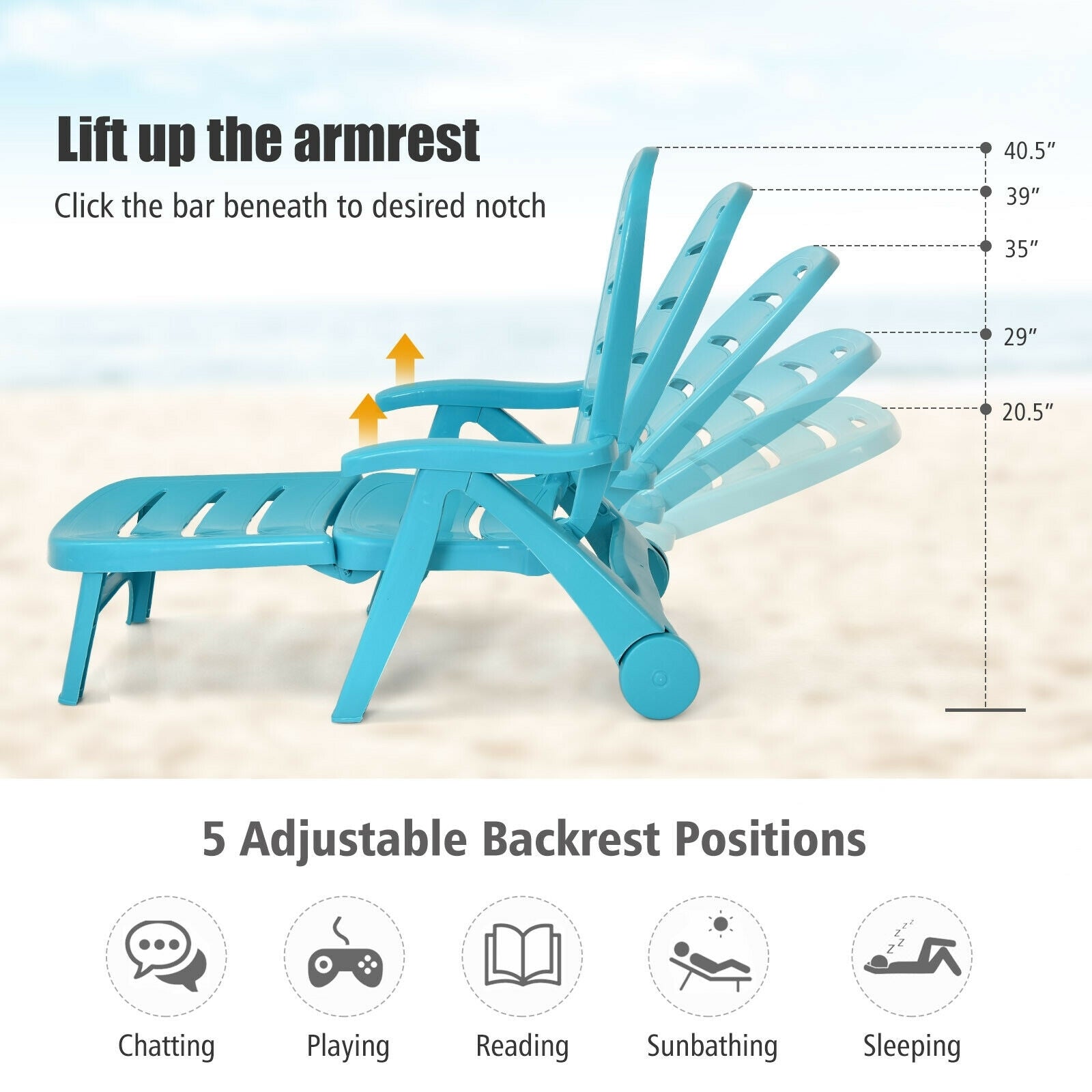 5 Position Adjustable Folding Lounger Chaise Chair, Turquoise Outdoor Chaise Lounges at Gallery Canada