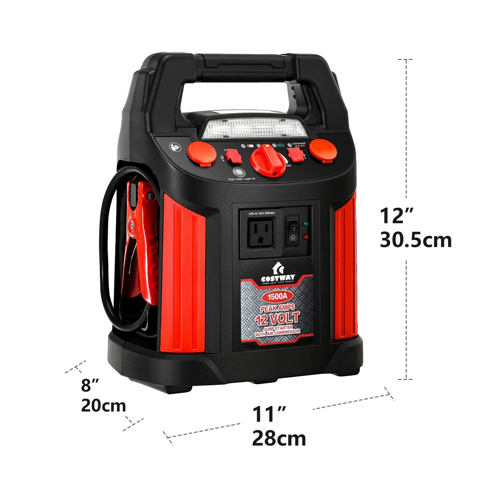 Jump Starter Air Compressor Power Bank Charger with LED Light and DC Outlet, Black & Red Garages at Gallery Canada