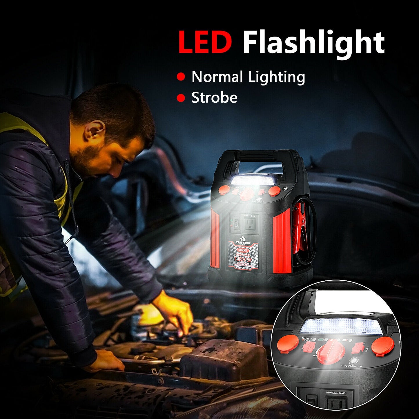 Jump Starter Air Compressor Power Bank Charger with LED Light and DC Outlet, Black & Red Garages at Gallery Canada