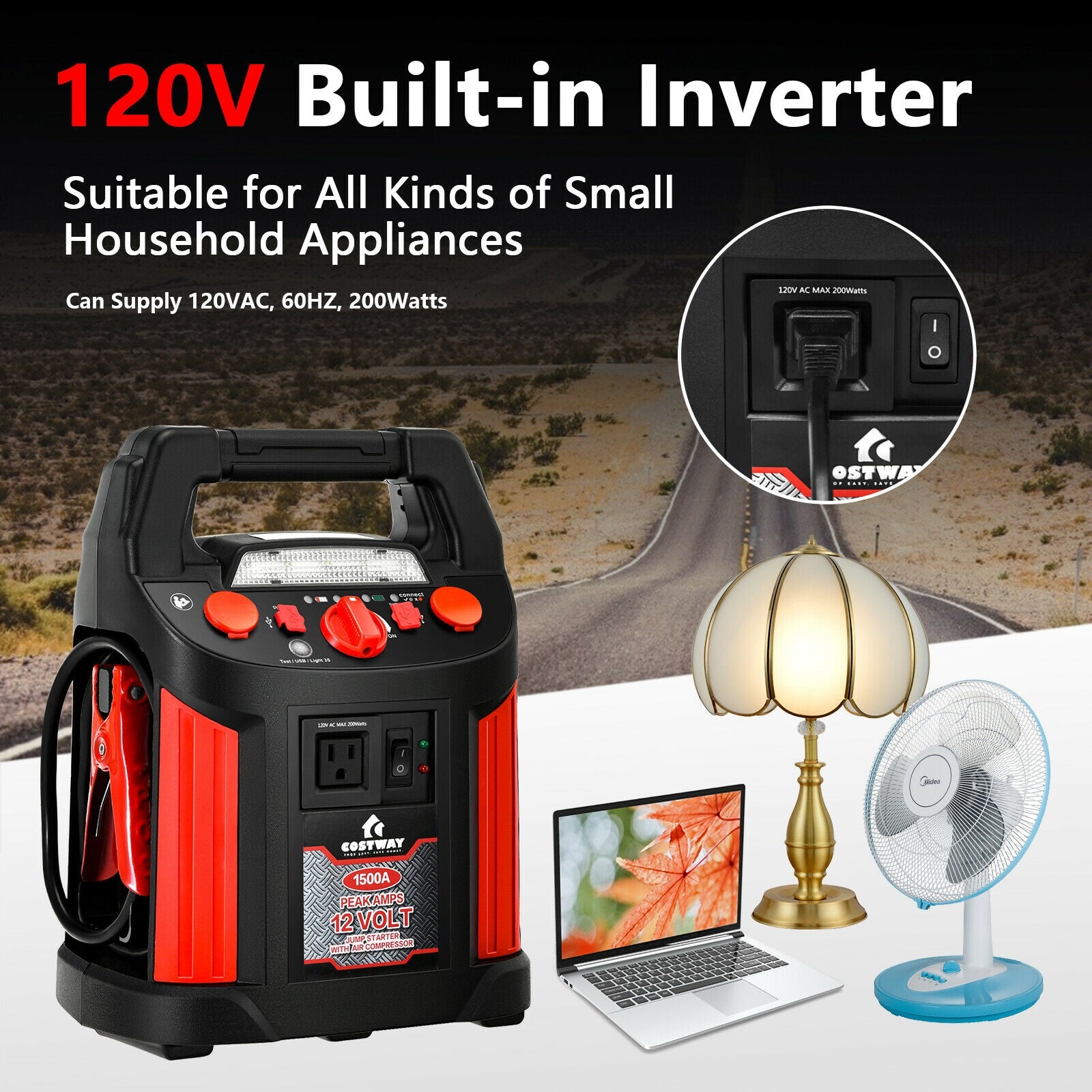 Jump Starter Air Compressor Power Bank Charger with LED Light and DC Outlet, Black & Red Garages at Gallery Canada