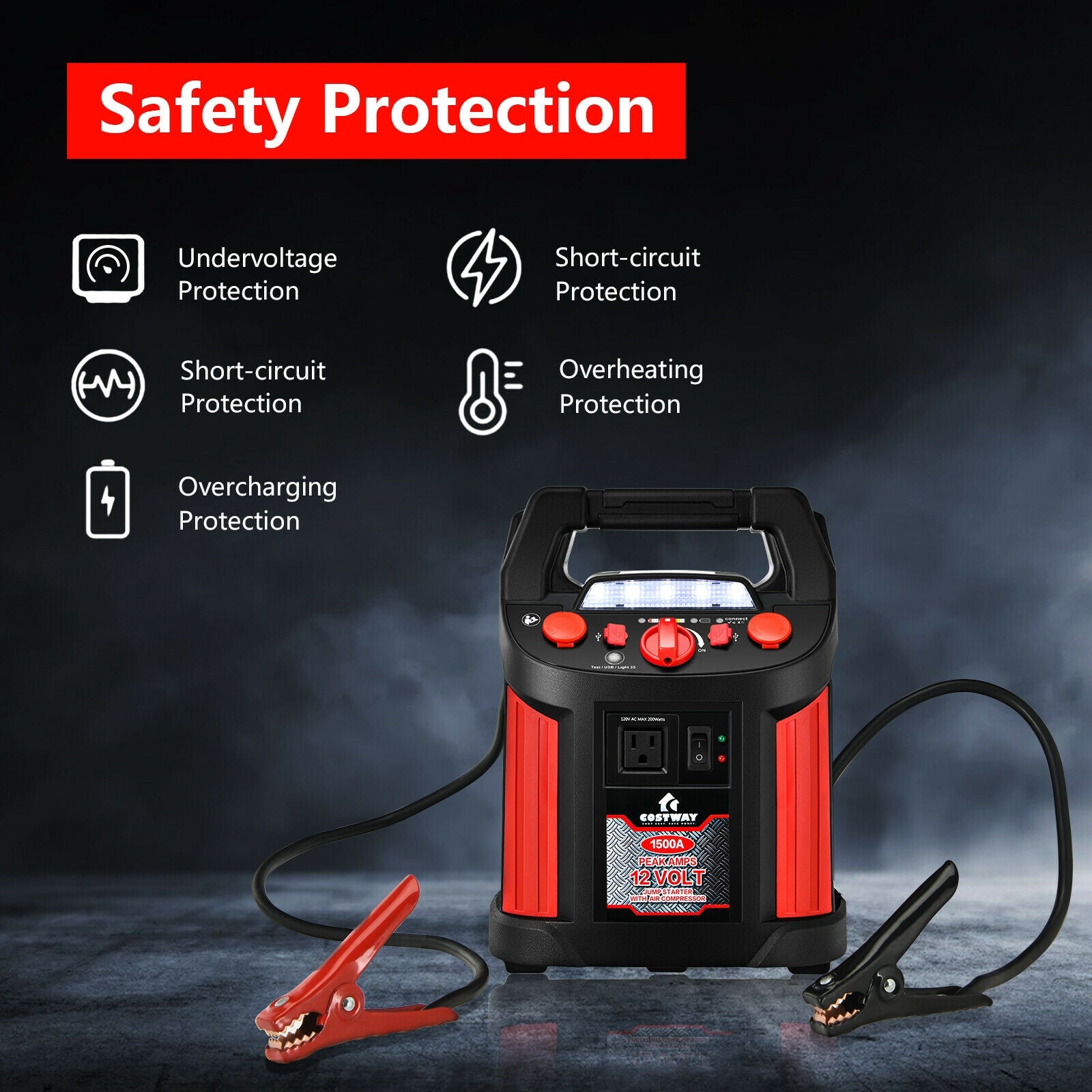 Jump Starter Air Compressor Power Bank Charger with LED Light and DC Outlet, Black & Red Garages at Gallery Canada