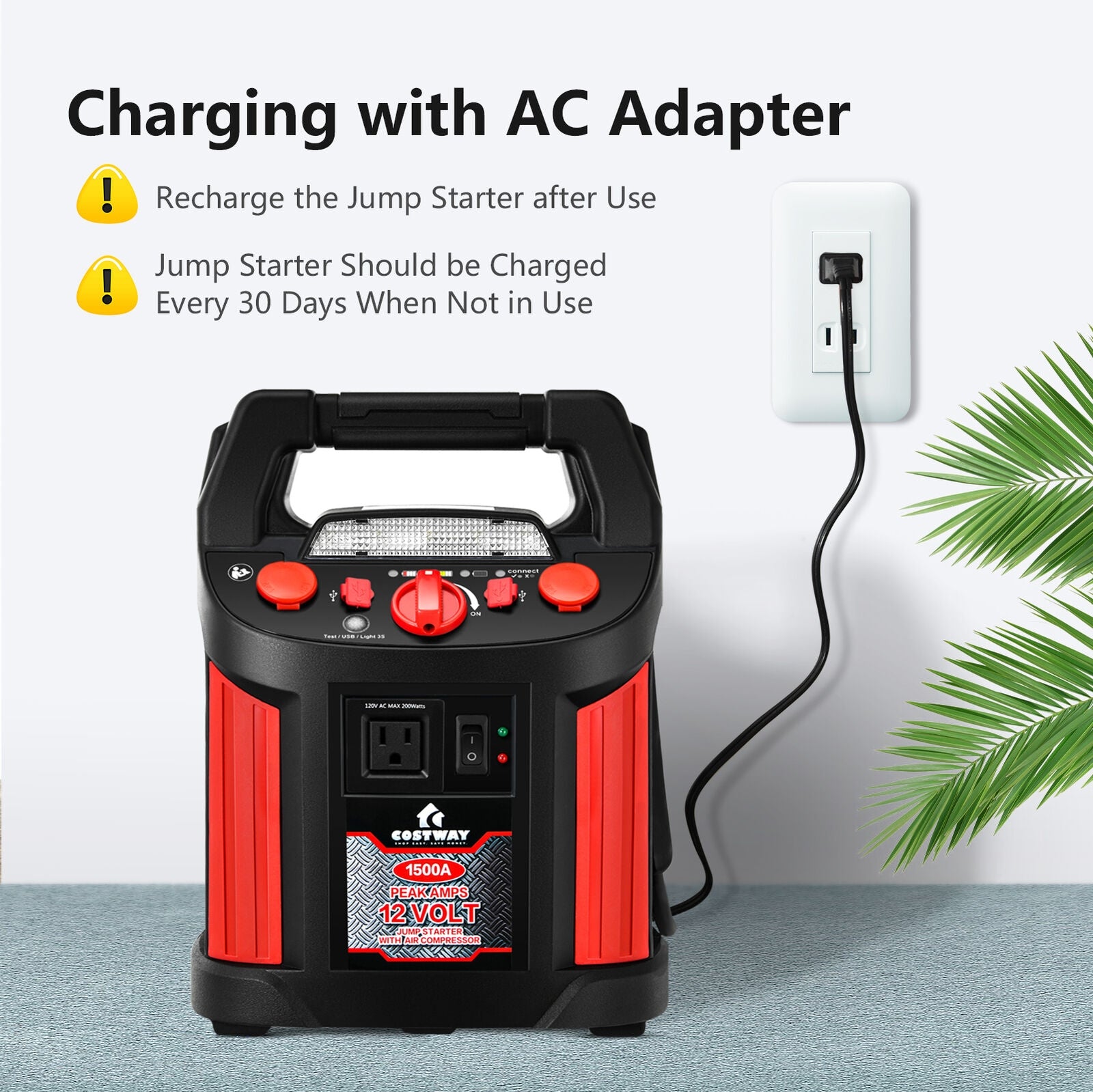 Jump Starter Air Compressor Power Bank Charger with LED Light and DC Outlet, Black & Red Garages at Gallery Canada
