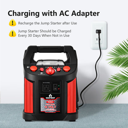 Jump Starter Air Compressor Power Bank Charger with LED Light and DC Outlet, Black & Red Garages at Gallery Canada