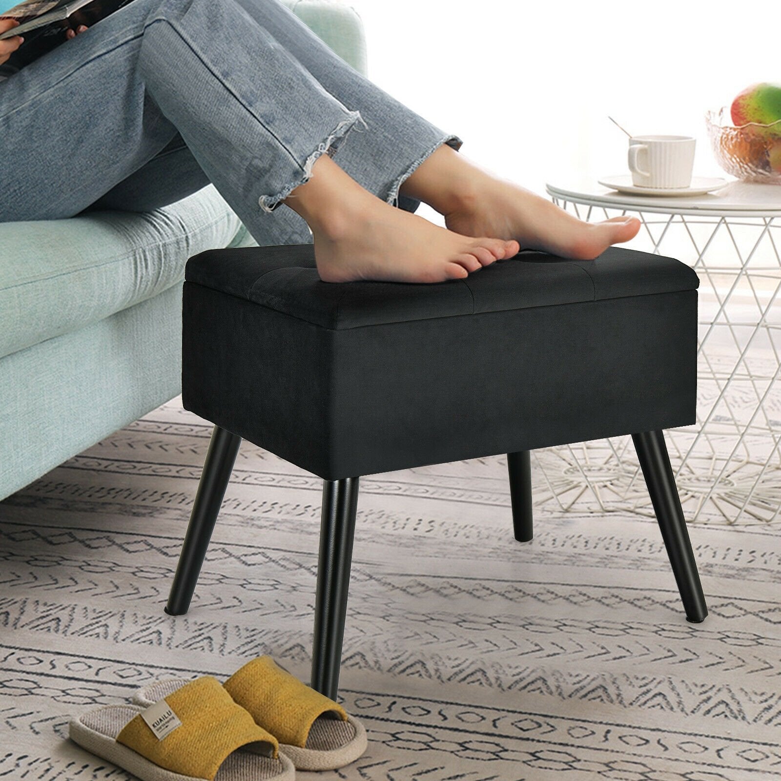 Velvet Storage Ottoman with Solid Wood Legs for Living Room Bedroom, Black - Gallery Canada