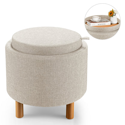 Round Fabric Storage Ottoman with Tray and Non-Slip Pads for Bedroom, Beige Ottomans at Gallery Canada