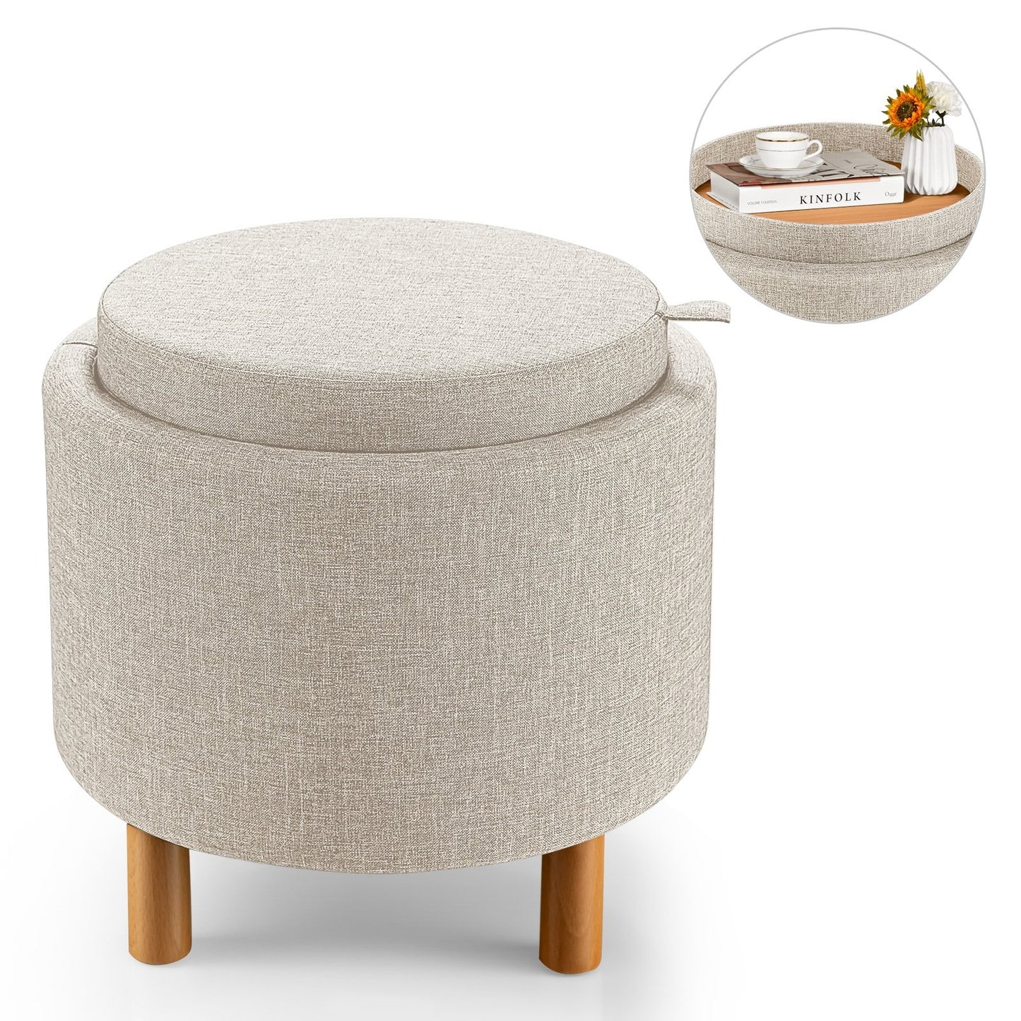 Round Fabric Storage Ottoman with Tray and Non-Slip Pads for Bedroom, Beige - Gallery Canada