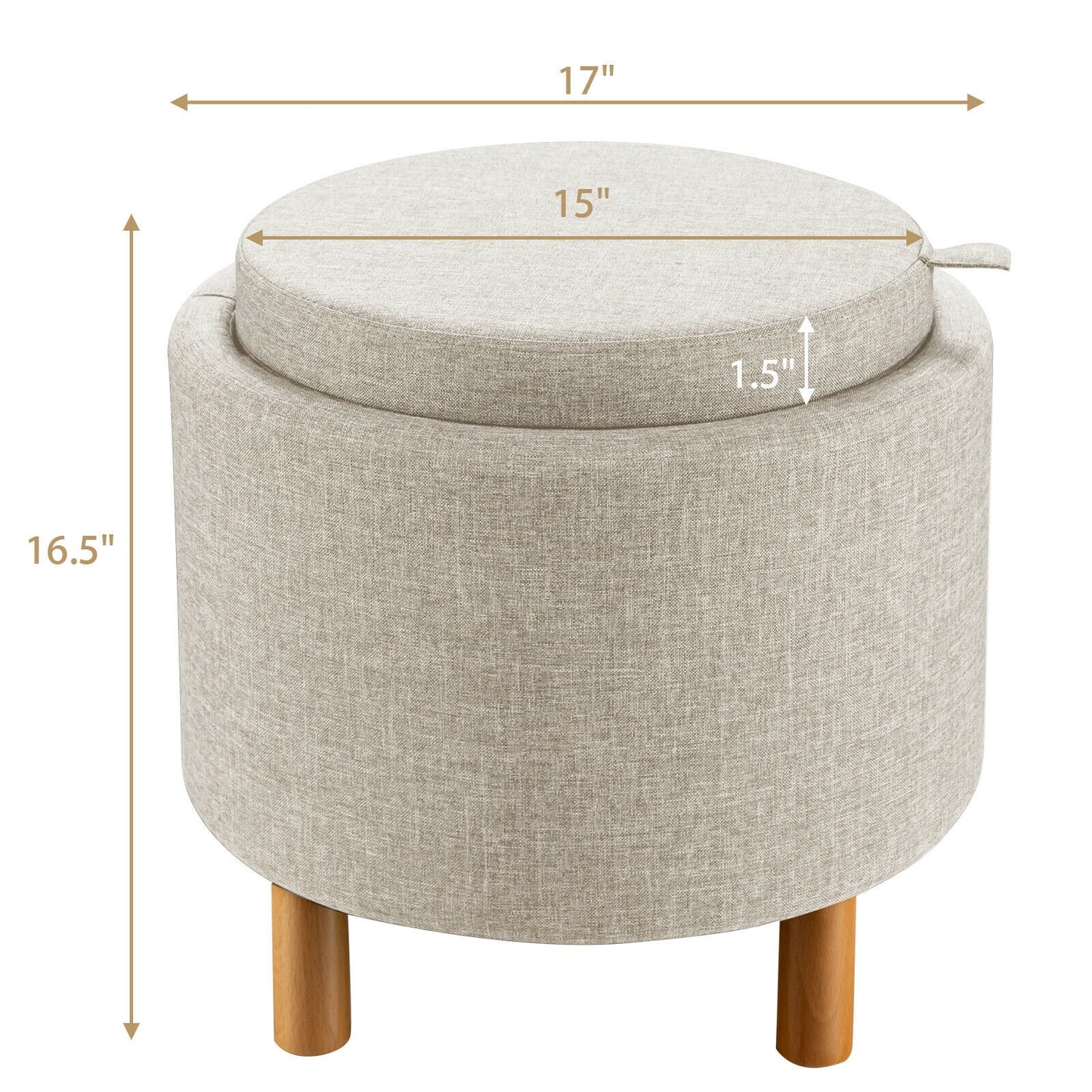 Round Fabric Storage Ottoman with Tray and Non-Slip Pads for Bedroom, Beige Ottomans at Gallery Canada