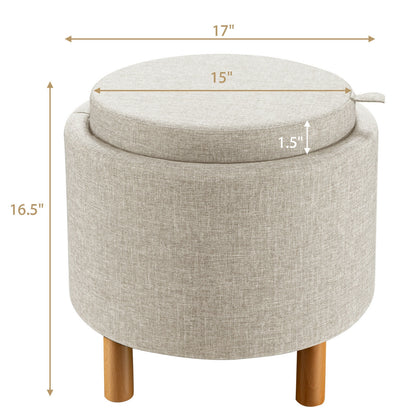 Round Fabric Storage Ottoman with Tray and Non-Slip Pads for Bedroom, Beige Ottomans at Gallery Canada