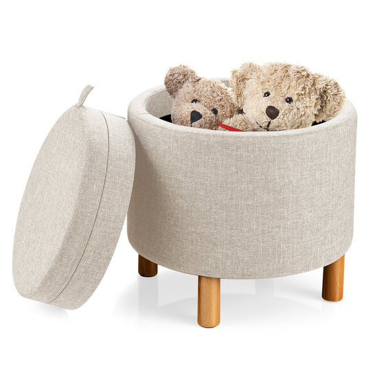 Round Fabric Storage Ottoman with Tray and Non-Slip Pads for Bedroom, Beige - Gallery Canada