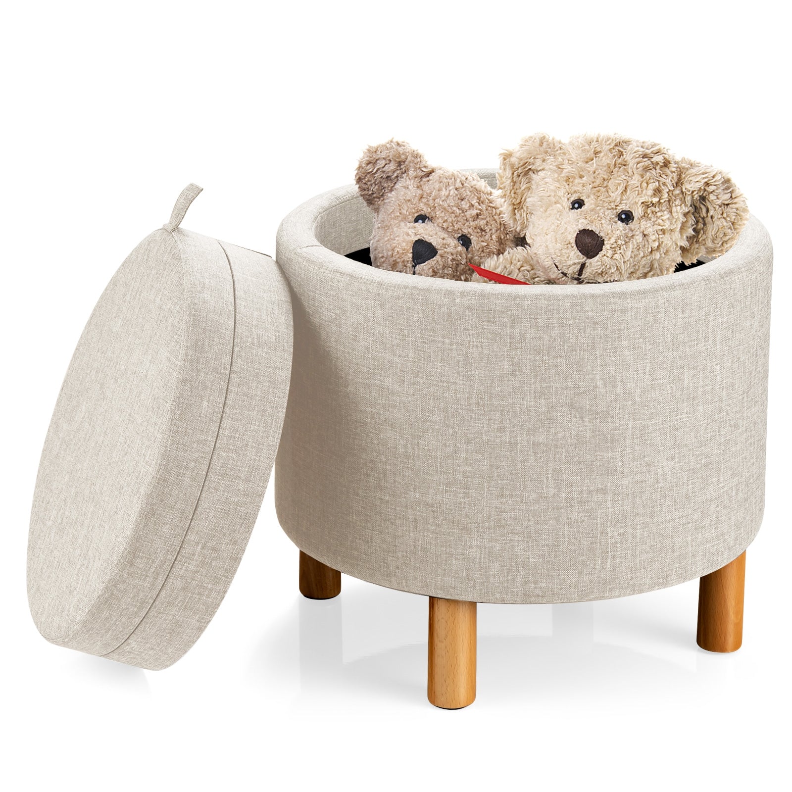 Round Fabric Storage Ottoman With Tray, Non-Slip Pads, Beige Ottomans at Gallery Canada