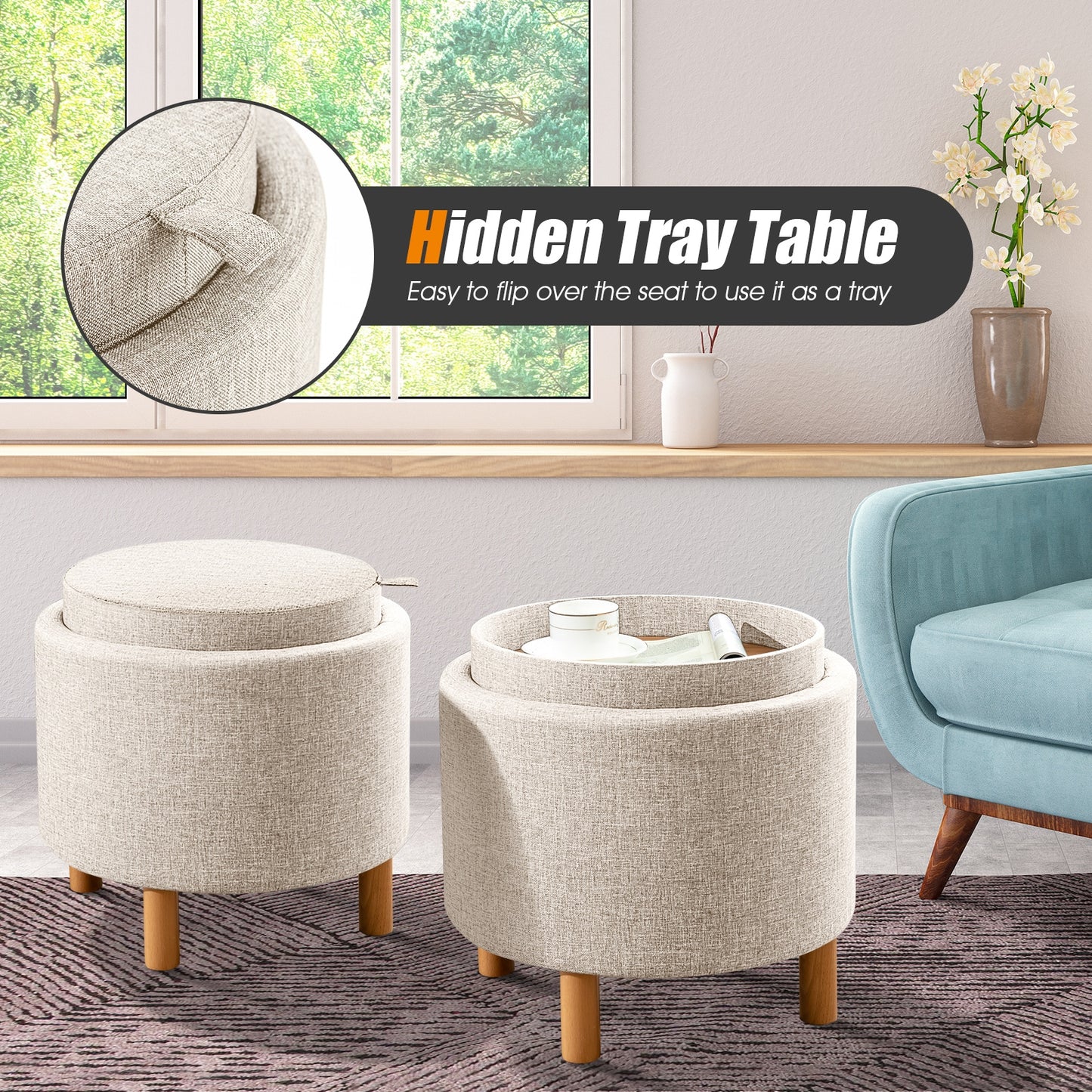 Round Fabric Storage Ottoman with Tray and Non-Slip Pads for Bedroom, Beige Ottomans at Gallery Canada