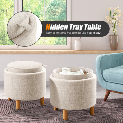 Round Fabric Storage Ottoman with Tray and Non-Slip Pads for Bedroom, Beige Ottomans at Gallery Canada