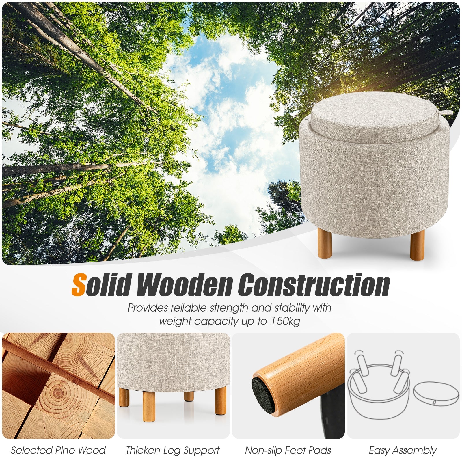 Round Fabric Storage Ottoman With Tray, Non-Slip Pads, Beige Ottomans at Gallery Canada