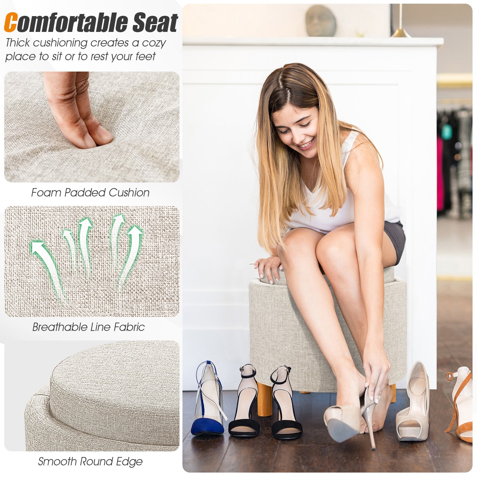 Round Fabric Storage Ottoman with Tray and Non-Slip Pads for Bedroom, Beige Ottomans at Gallery Canada