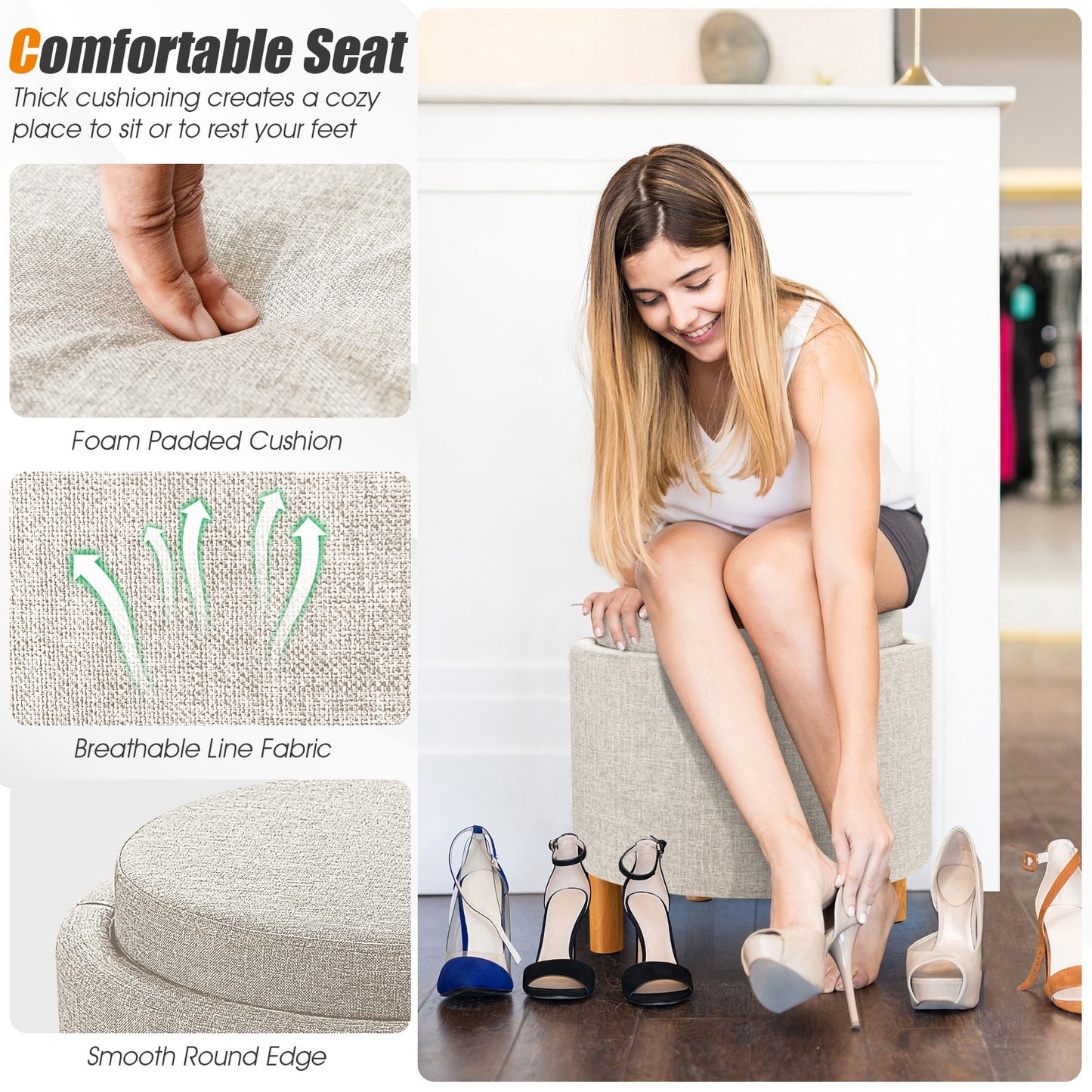 Round Fabric Storage Ottoman with Tray and Non-Slip Pads for Bedroom, Beige Ottomans at Gallery Canada