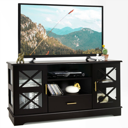Wood TV Stand with 2 Glass Door Cabinets and 2-Tier Adjustable Shelves, Brown at Gallery Canada