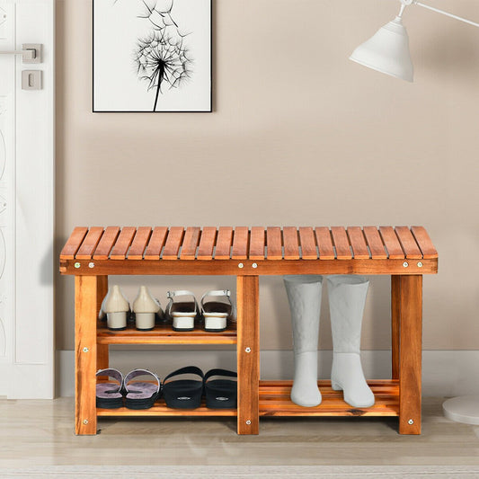 3-Tier Freestanding Wooden Shoe Organizer with Seat, Natural - Gallery Canada