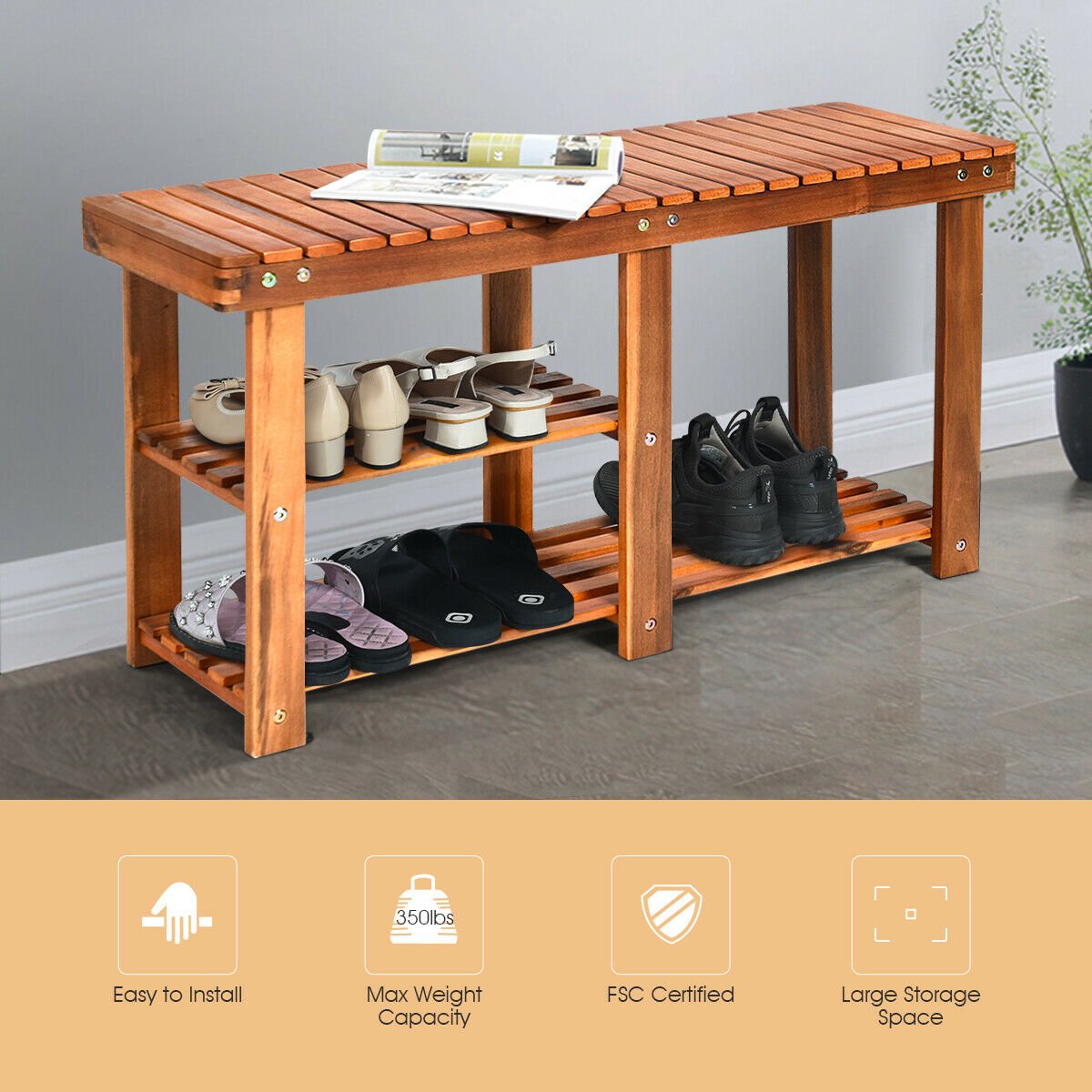 3-Tier Freestanding Wooden Shoe Organizer with Seat, Natural at Gallery Canada