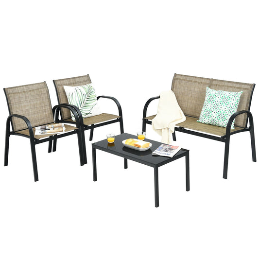 4 Piece Patio Furniture Set, Glass Top Coffee Table, Brown Patio Conversation Sets Brown at Gallery Canada