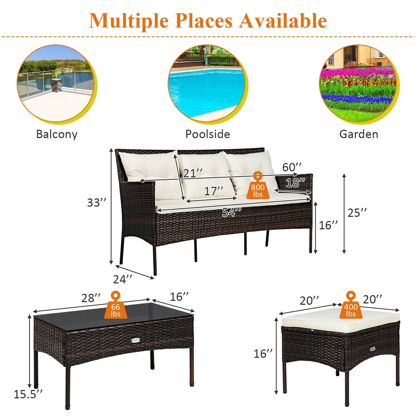 3 Pieces Patio Furniture Sectional Set with 5 Cozy Seat and Back Cushions, White Patio Conversation Sets at Gallery Canada