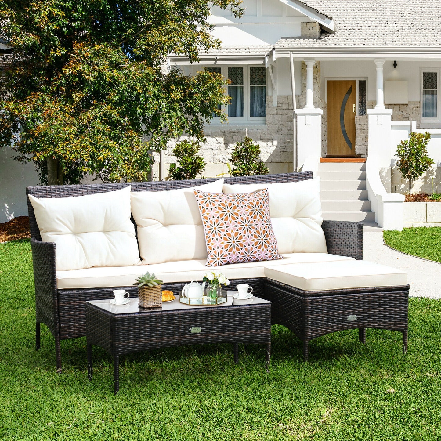 3 Pieces Patio Furniture Sectional Set with 5 Cozy Seat and Back Cushions, White Patio Conversation Sets at Gallery Canada