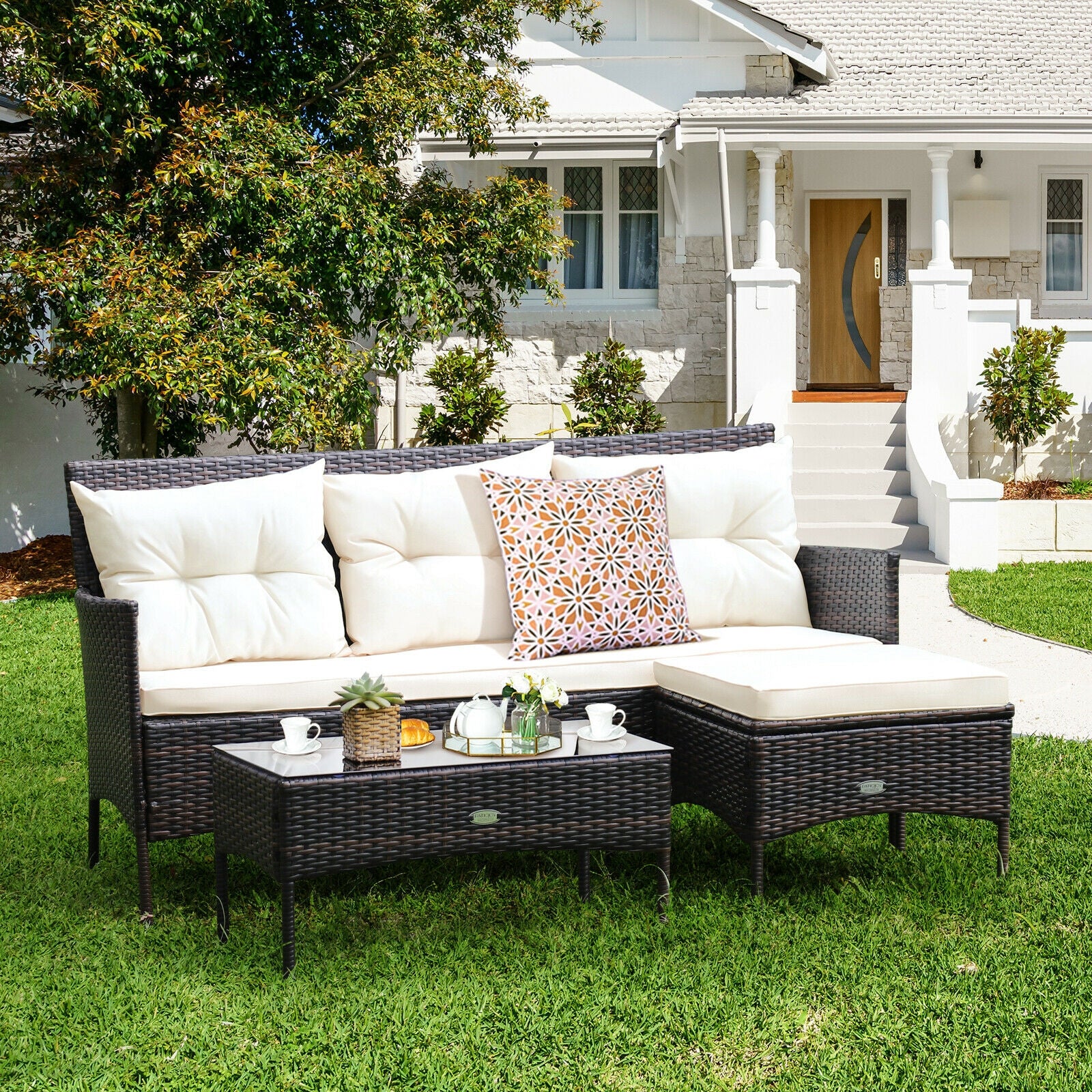 3 Pieces Patio Furniture Sectional Set with 5 Cozy Seat and Back Cushions, White Patio Conversation Sets at Gallery Canada
