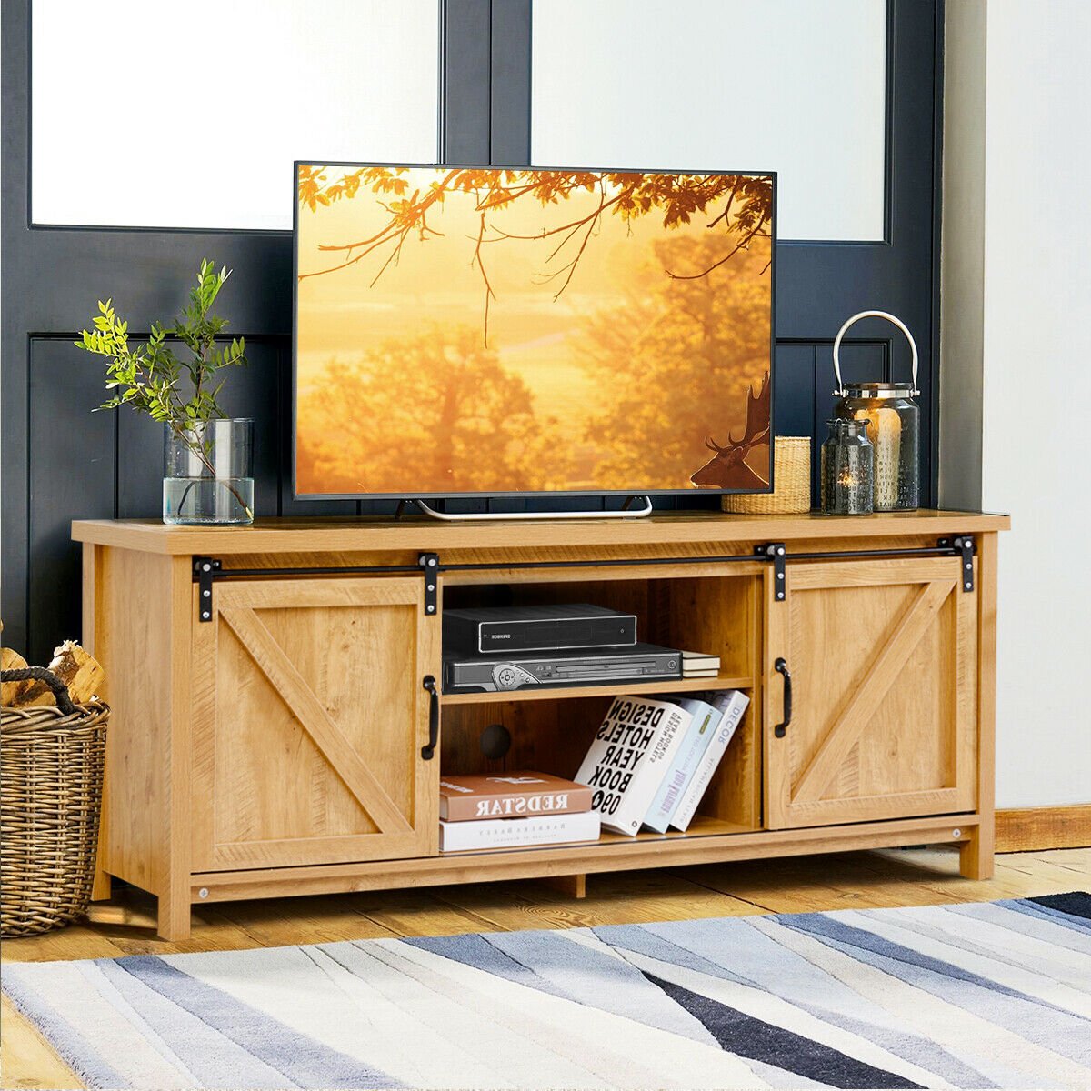 TV Stand Media Center Console Cabinet with Sliding Barn Door- Golden, Golden - Gallery Canada