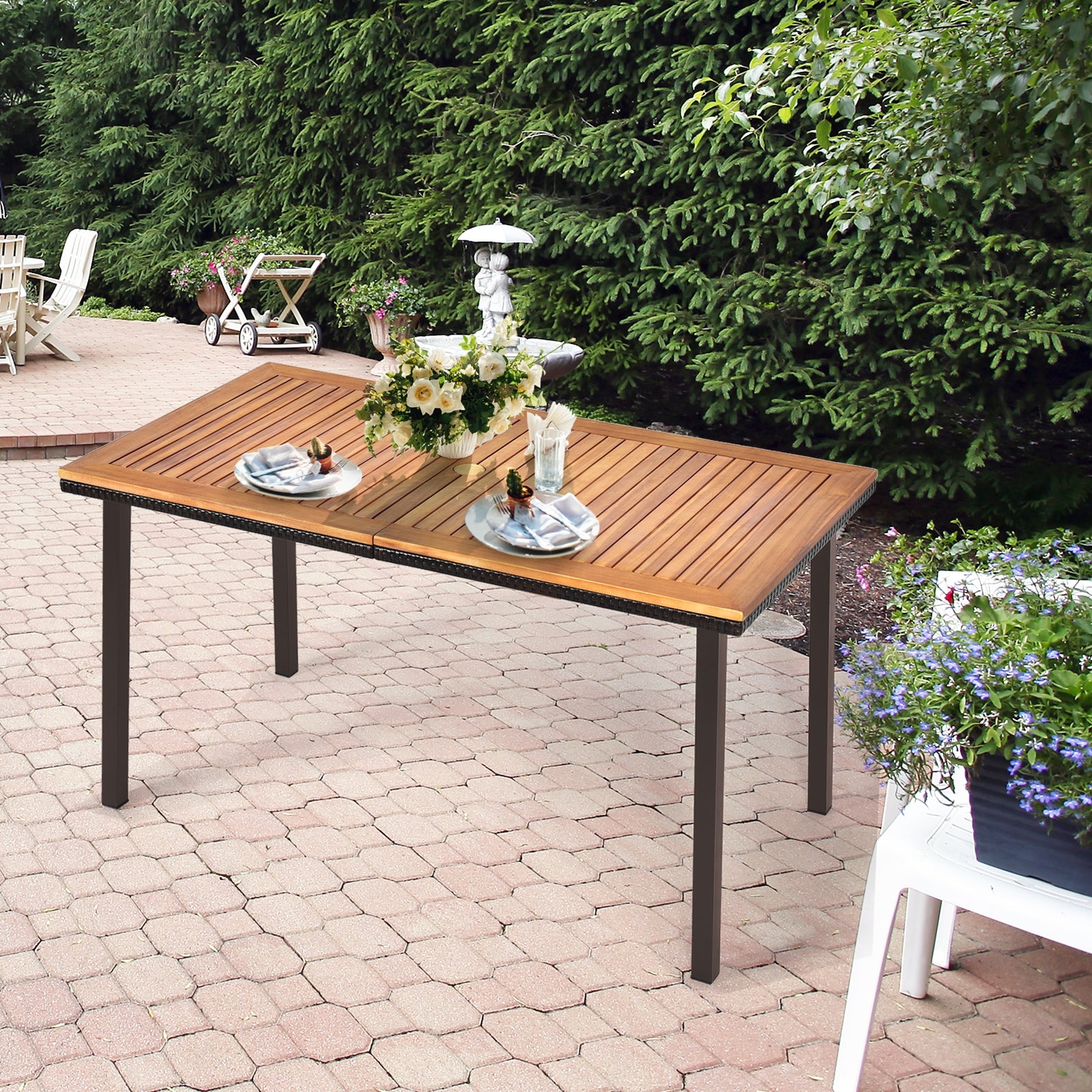 55 Inch Patio Acacia Dining Table with Umbrella Hole, Natural Patio Dining Tables at Gallery Canada