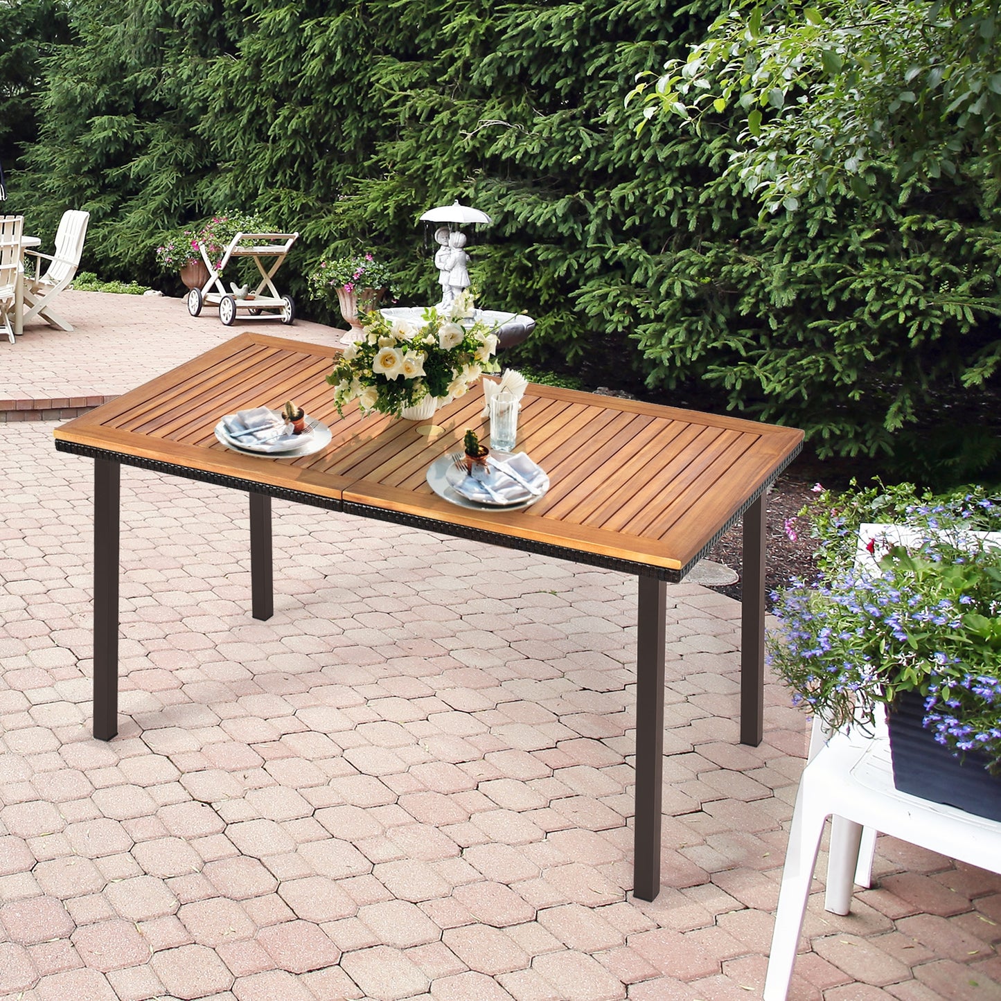 55 Inch Patio Acacia Dining Table with Umbrella Hole, Natural Patio Dining Tables at Gallery Canada