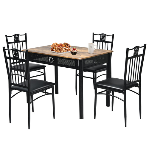 5 Pcs Dining Set Wood Metal Table and 4 Chairs with Cushions, Black