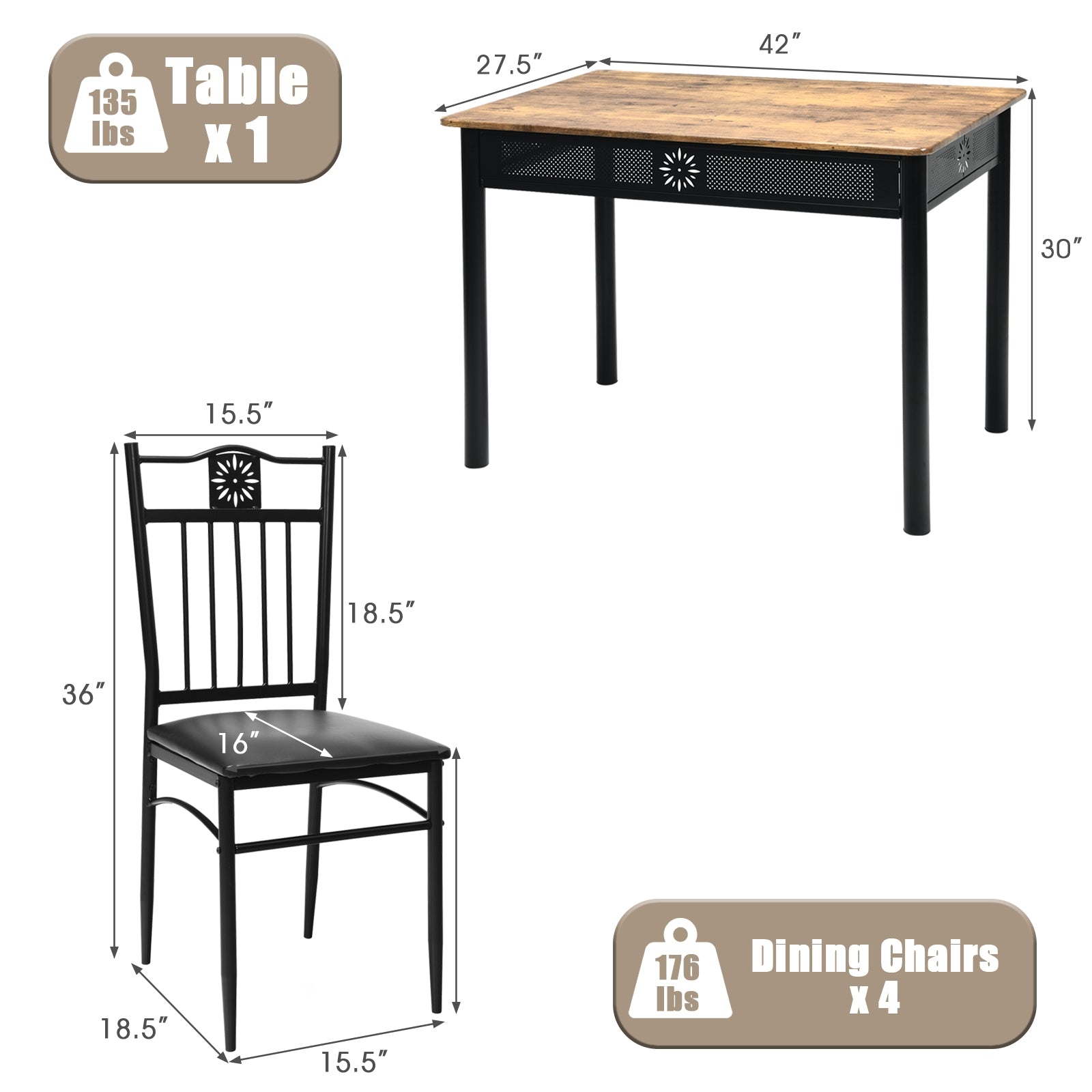 5 Pcs Dining Set Wood Metal Table and 4 Chairs with Cushions, Black Dining Room Sets at Gallery Canada