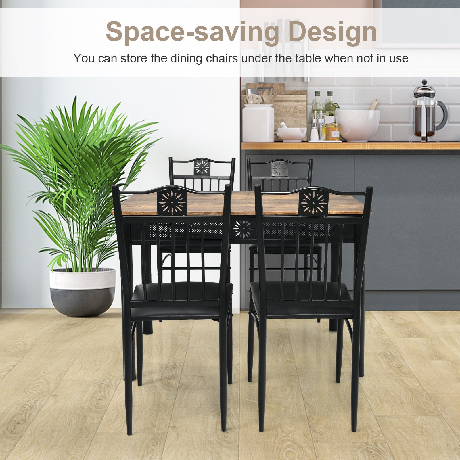 5 Pcs Dining Set Wood Metal Table and 4 Chairs with Cushions, Black - Gallery Canada